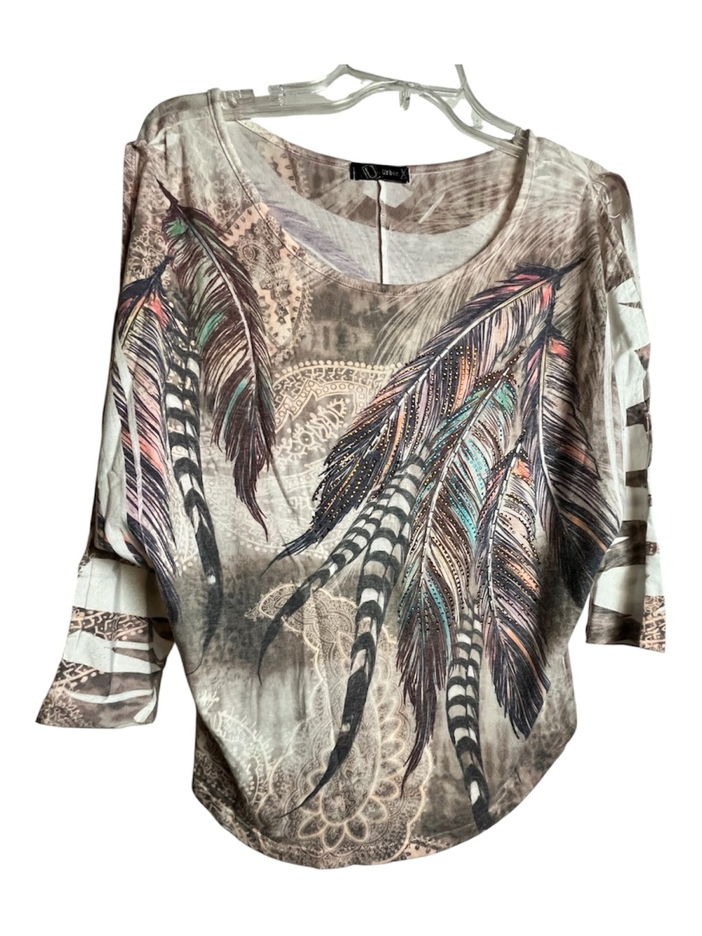 Urban Outfitters Taupe Feather-Print Too with Pastel Accents